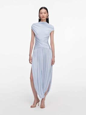 Self portrait BLUE JERSEY GATHERED MIDI DRESS $620 NWT